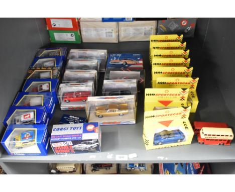 A shelf of Corgi, Dinky Matchbox and Shell Die-casts, Corgi Collection Mini's x7, 04206 James Bond Aston Martin DB5, 96570 Ch