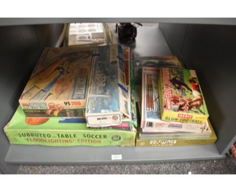 A shelf of Vintage Games comprising: Subbuteo Floodlighting Edition part set, Scalextric Conversion Set YS200, boxed, Airfix 