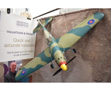 A wooden large scale hand made Spitfire model, RAF 25370 DOAV, pilot present, wing span 125cm, length 98cm