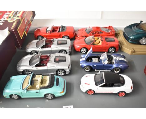 Eight mixed scale Die-casts, !:18 scale Anson Porsche 911, Mattel Hotwheels Ferrari Spider 360 x3, Beanstalk Group Mustang GT