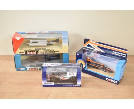 Four Corgi &amp; Lledo Record Car and Motor Racing Diecasts, Corgi Bloodhound SSC, Mclaren Mercedes Jenson Button 2013 Race C