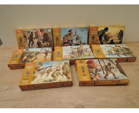 Eight Airfix 1:32 scale plastic Military Series Sets, British Eight Army, American Infantry, German Infantry, Japanese Infant