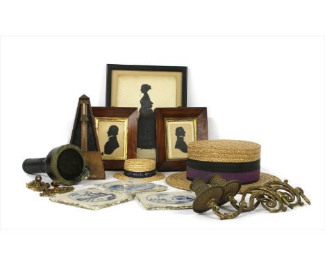 Sundries : sihouettes, straw boater by Dunn and Co. and miniature one, metronome, 4 Delft tiles, Type 06a compass, etc
