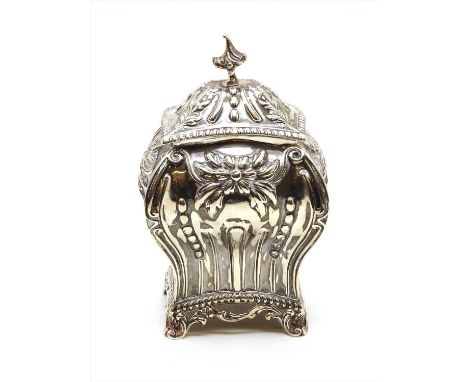 A late Victorian silver tea caddy, by Goldsmiths and Silversmiths &amp; Co, London 1896, of bombe form, with embossed floral 
