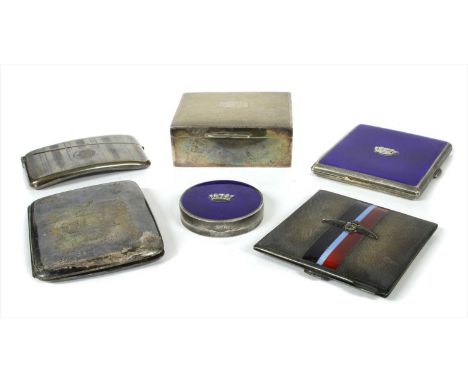 A collection of silver and enamelled cases , comprising an RAF enamelled powder case, a card case, an enamelled cigarette cas