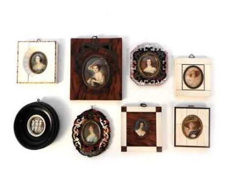 A collection of seven miniature female portrait studies, in various decorative frames, and one other