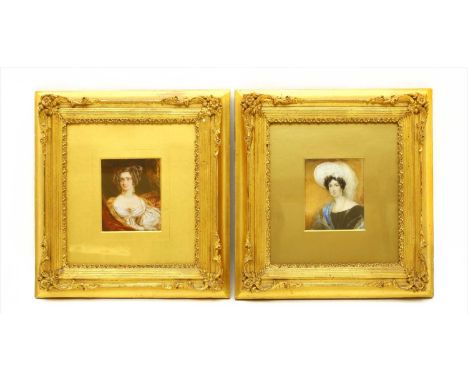 A miniature portrait of a woman wearing a white hat, 9.5cm x 7.5cm and one other woman with tied back hair, 9.5cm x 7.5cm (2)