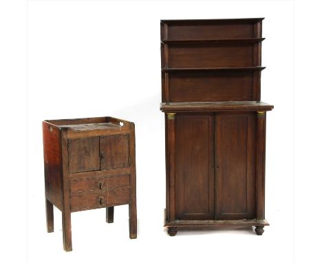 A Regency mahogany chiffonier , with a three tier top, 75cm wide, 43.5cm deep, 150cm high, and a George III mahogany commode,
