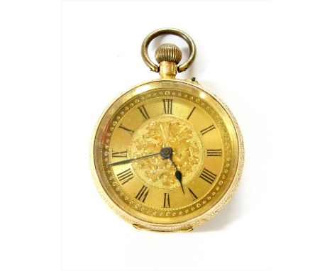 A Swiss gold pin set open-faced fob watch, 29mm diameter, gilt engine turned dial with floral bouquet decoration, black Roman