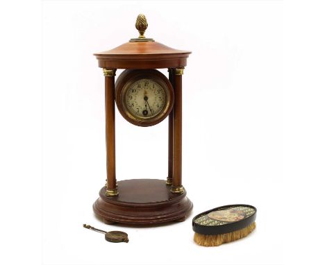 A mahogany cased portico clock, with white enamel dial, together with a black lacquered commemorative clothes brush (2)