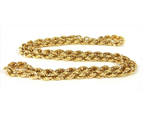 An 18ct gold hollow rope link chain, with bolt ring clasp, marked 750, Italian official mark, 1968 - to present, for Arezzo, 