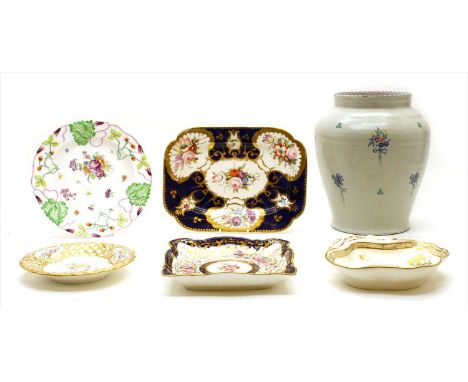 A collection of porcelain, to include a Minton dish with painted floral centre and gilt trellis border, a Coalport square dis