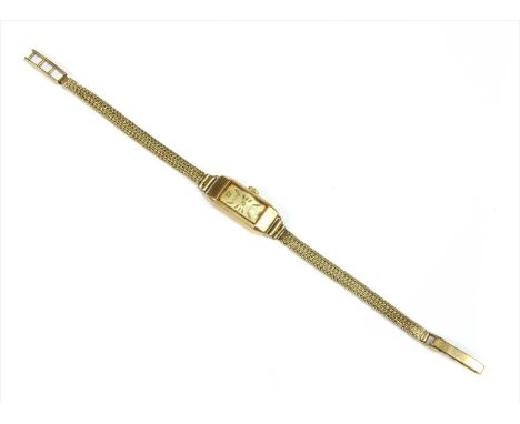 A ladies' 9ct gold Avia mechanical bracelet watch, c.1960, rectangular case 26 x 12mm, with baton hour markers and Arabic num
