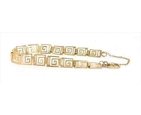 A gold Greek key design bracelet, with bolt ring clasp, defective , tested as approximately 14ct gold, 9.18g