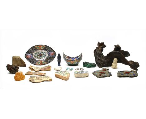 A group of collectables , to include two Persian gilt metal plaques, with inlaid agates and turquoise cabochons, Iznik potter