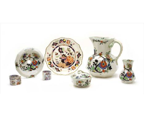 A quantity of Masons Ironstone, each decorated with exotic birds, to include a wash basin and jug, bowl and cover, spill vase