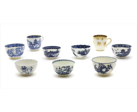 A collection of Caughley porcelain tea wares, comprising a Gillyflower pattern floated tea bowl, c.1775, a Fruit Sprig patter