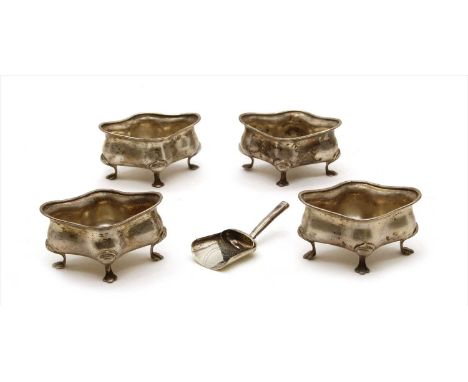 A group of four silver salts, by Henry Williamson Ltd, Birmingham 1938, each of diamond shape, together with a Georgian shove