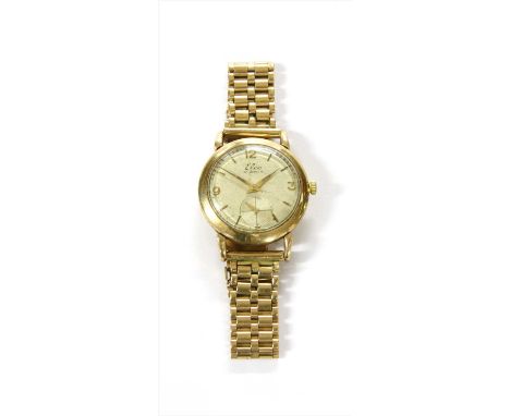 A gold Elco mechanical bracelet watch, circular case 31mm diameter, with a silvered dial, raised gilt baton hour markers and 