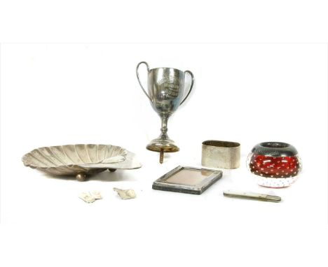 Silver items : including a pair of cufflinks, shell dish, small frame, etc