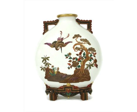 A Royal Worcester Japanese vase, on moonflask shape, each side with relief moulded decoration, on a integral base modelled as