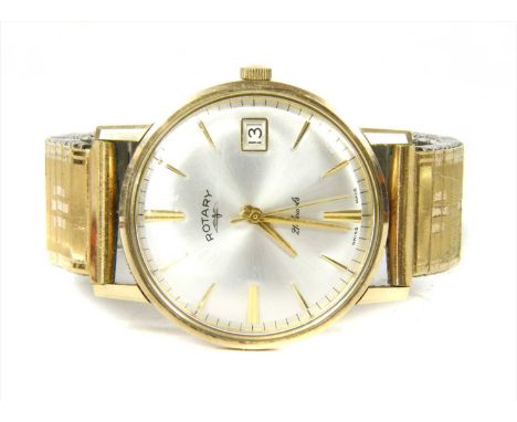 A gentlemen's gold Rotary mechanical bracelet watch, circular case 35mm diameter, with a silvered dial, raised gilt baton hou
