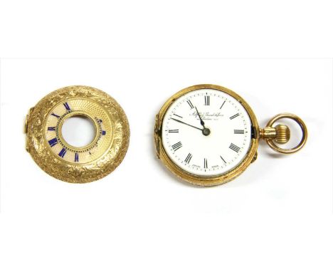 A gold enamel side wind half hunter fob watch, 33mm diameter, with a guilloché enamel chapter ring to the front cover with ro