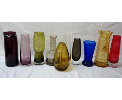 SELECTION OF COLOURFUL GLASS VASES AND JUGS
including a ribbed amber coloured jug, a Scandinavian style vase with bubble deco