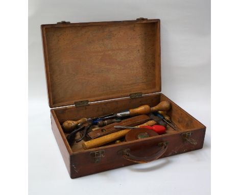 VINTAGE WOODEN TOOL CHEST
with a selection of tools including hammers, spirit level, pliers, surveyors tape and other items 