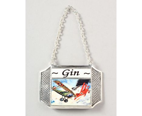 A SILVER PLATED DECANTER LABEL "GIN", enamel decorated with an aeronautical dog fight including "The Red Baron" Manfred von R