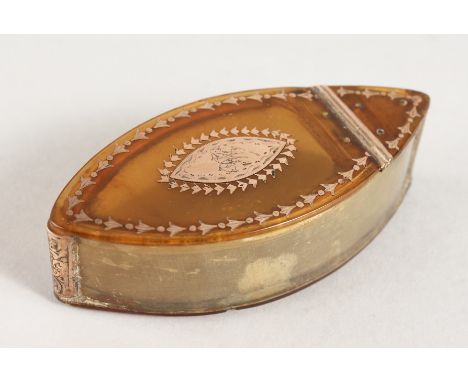 A GEORGE III OVAL GOLD INLAID SNUFF BOX. 3.5ins long.