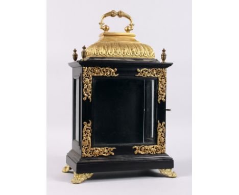 A 17TH CENTURY EBONY AND BRASS  BRACKET CLOCK CASE, 15.5ins high, would take a 6-inch dial.