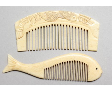 A FISH SHAPED BONE COMB, and another comb. 4ins x 3.5ins long.