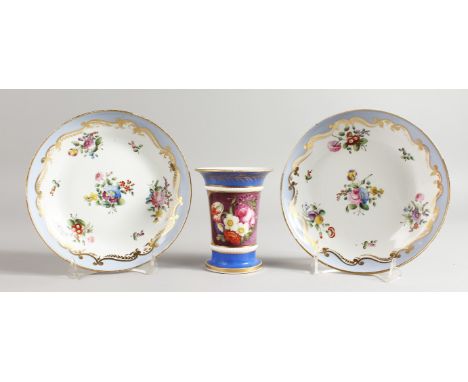 A SPODE PAIR OF SAUCER SHAPED DISHES finely painted with flowers, pattern no. 2236, and a bead spill vase painted with flower