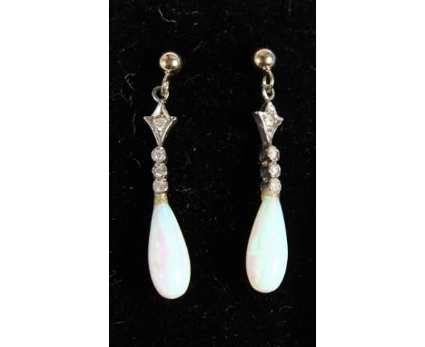 A PAIR OF 9CT GOLD, OPAL AND DIAMOND DROP EARRINGS.