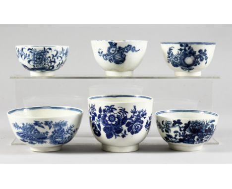 SIX VARIOUS CAUGHLEY AND WORCESTER BLUE AND WHITE BOWLS.