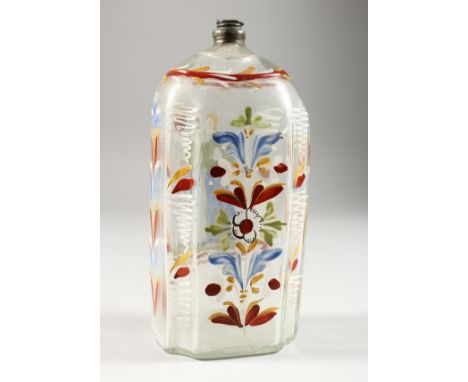 A GOOD 18TH CENTURY DUTCH GLASS FLASK painted with a lady holding a heart. 7.5ins high.