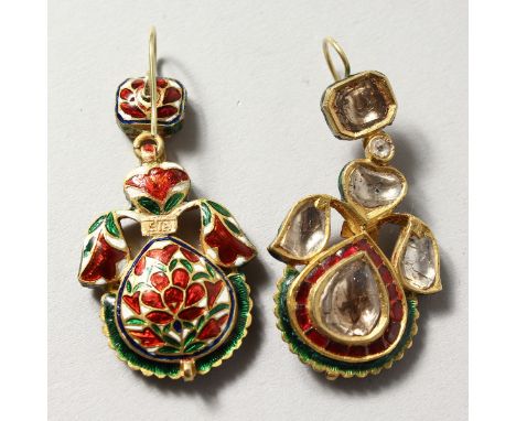 A SUPERB SET OF 18CT GOLD, DIAMOND, RUBY AND ENAMEL DROP EARRINGS.
