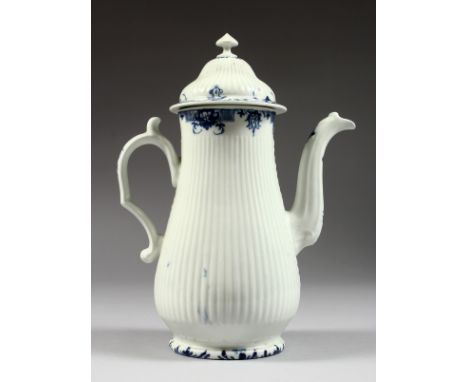 A CAUGHLEY BLUE AND WHITE RIBBED COFFEE POT AND COVER. 9.5ins high.