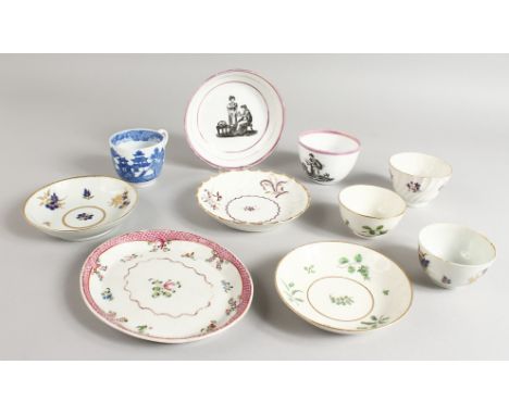 WORCESTER FLIGHT TEA BOWLS AND SAUCER of shankered shaped, a New Hall and a Chamberlain teapot stand, a Caughley Coalport und