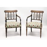 A GOOD PAIR OF REGENCY MAHOGANY ARMCHAIRS, with triple pierced oval splats, reeded arms, padded