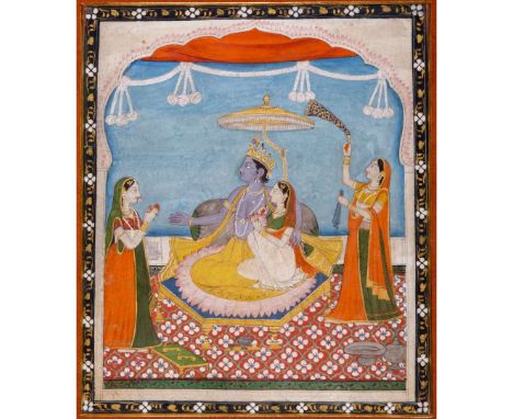  RADHA AND KRISHNA ENTHRONED ON A PALACE TERRACE WITH FEMALE ATTENDANTS INDIA, PUNJAB HILLS, MANDI, CIRCA 1820 gouache and go