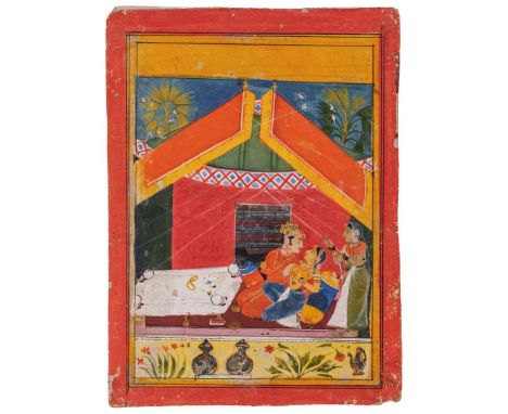  AN ILLUSTRATION FROM A RAGAMALA SERIES: BAIRADI RAGINI INDIA, RAJASTHAN, MEWAR, CIRCA 1635-45 gouache heightened in gold on 