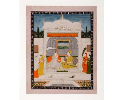  A PRINCE WITH HIS MISTRESS ON A PALACE TERRACE SMOKING A HOOKAH INDIA, PUNJAB HILLS, KANGRA, CIRCA 1830 gouache on paper hei