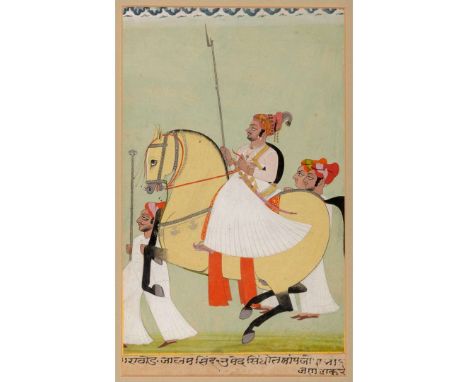  A GROUP OF SIX RAJPUT EQUESTRIAN PORTRAITS INDIA, RAJASTHAN, JODHPUR, 19TH CENTURY gouache on paper heightened in gold, each