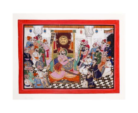  MAHARAO RAM SINGH (R. 1827-1866) RECEIVING EUROPEANS IN A PALACE INTERIOR INDIA, KOTAH, 19TH CENTURY gouache and gold on pap