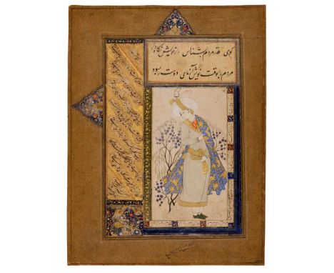  A SAFAVID ALBUM PAGE WITH CALLIGRAPHY SIGNED BY SHAH MAHMUD NISHAPURI PERSIA, 16TH CENTURY AND LATER ink, gouache and gold o