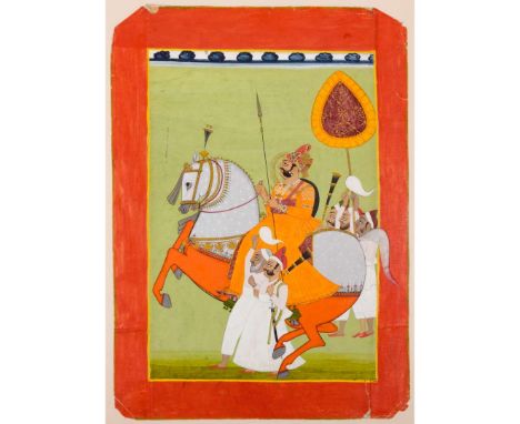  A RAJPUT EQUESTRIAN PORTRAIT OF MAHARAJA BHEEM SINGH (R. 1784-1804) INDIA, RAJASTHAN, JODHPUR, CIRCA 1840 gouache on paper h