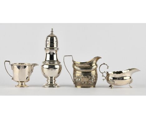 George III presentation cream jug by John Deacon, London 1805, sugar castor with Celtic band decoration, Birmingham 1962, sau