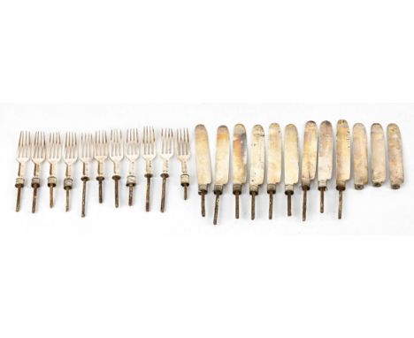 Twelve tea knife and fork blades only, with box 14ozt 444gm